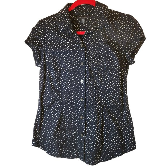 Tommy Hilfiger Navy Blue & White Polka Dot Puff Sleeve Stretch Blouse Sz. S/P - Picture 1 of 14